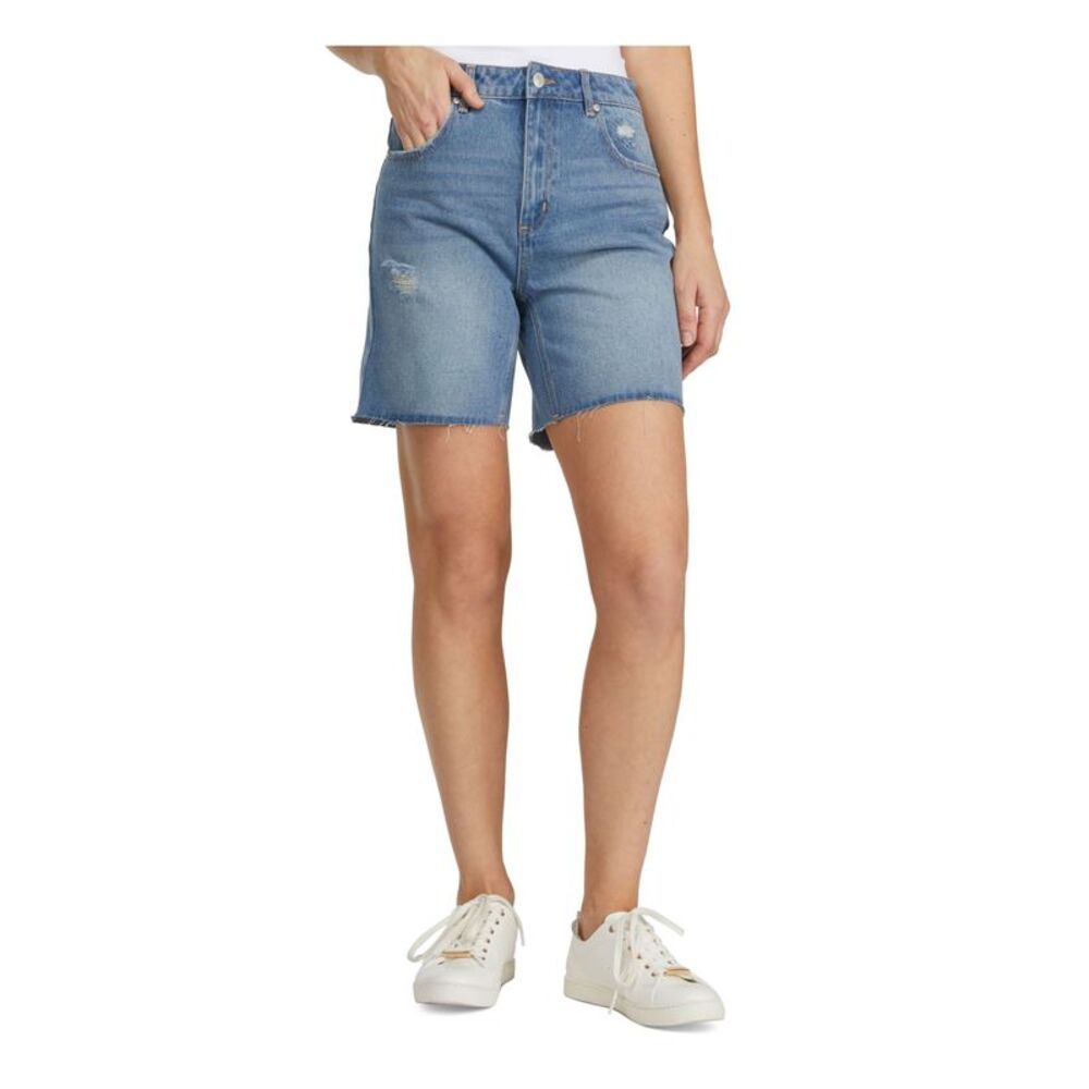 NUMERO Womens High Waist Shorts Navy Denim Distressed Raw Hem Juniors 32